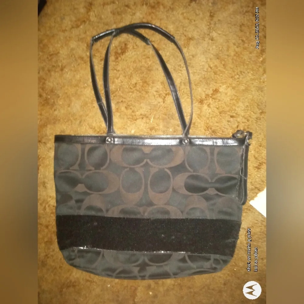 Coach Signature Tote Handbag #H1120-F17574 tripe Satin Sequins Medium Black